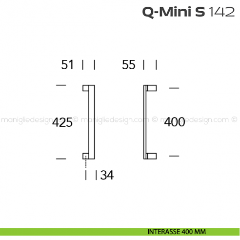 Maniglione per porta 142 Q-Mini S Reguitti zancato disegno interasse 400 mm