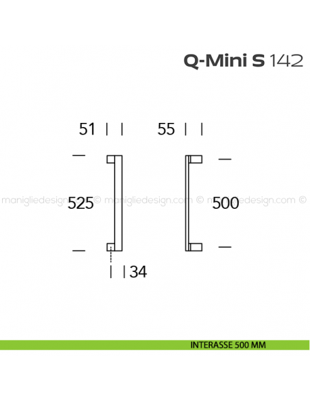 Maniglione per porta 142 Q-Mini S Reguitti zancato disegno interasse 500 mm