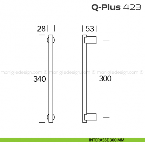 Maniglione per porta 423 Q-Plus Reguitti senza rosette disegno interasse 300 mm