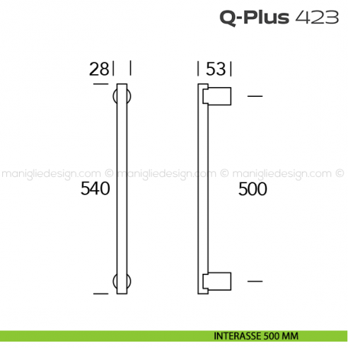Maniglione per porta 423 Q-Plus Reguitti senza rosette disegno interasse 500 mm