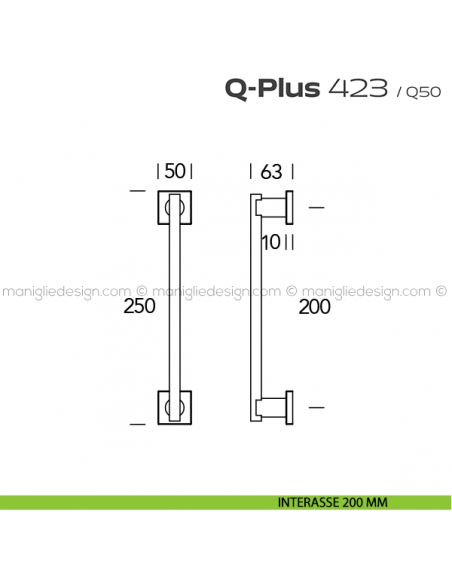 Maniglione per porta 423 Q-Plus Reguitti singolo con rosette disegno interasse 200 mm