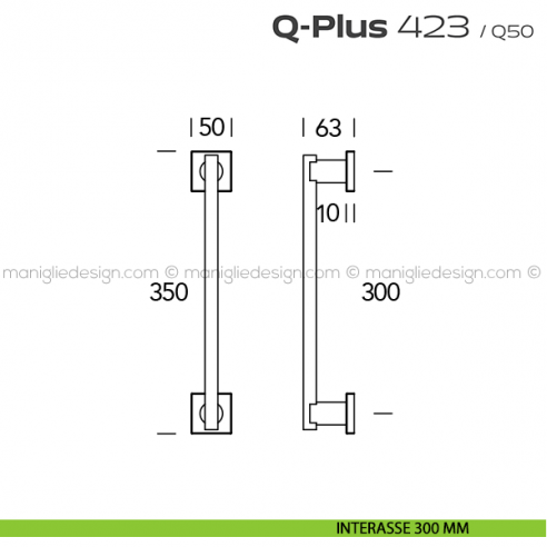 Maniglione per porta 423 Q-Plus Reguitti accoppiato con rosette disegno interasse 300 mm