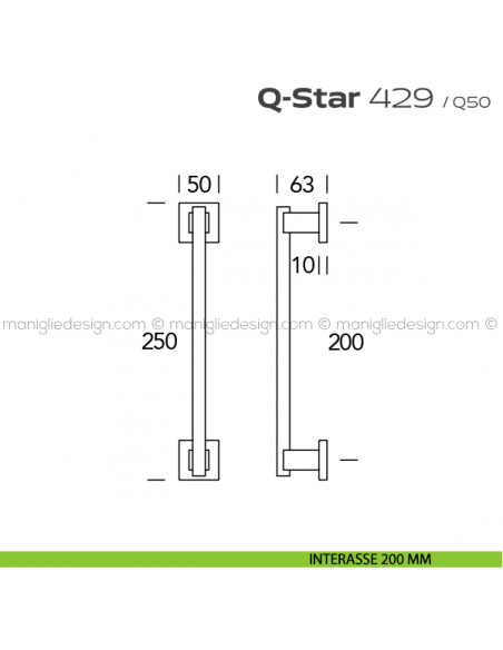 Maniglione per porta 429 Q-Star Reguitti accoppiato con rosette disegno interasse 200 mm