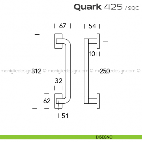Maniglione per porta 425 Quark Reguitti accoppiato rosette rettangolari disegno