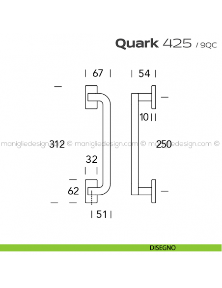 Maniglione per porta 425 Quark Reguitti accoppiato rosette rettangolari disegno