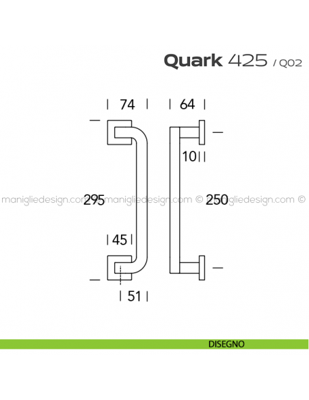 Maniglione per porta 425 Quark Reguitti singolo rosette quadrate disegno