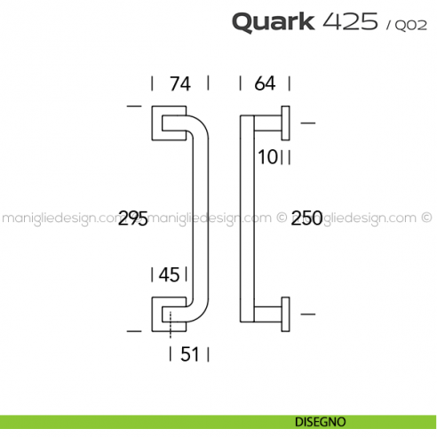 Maniglione per porta 425 Quark Reguitti accoppiato rosette quadrate disegno