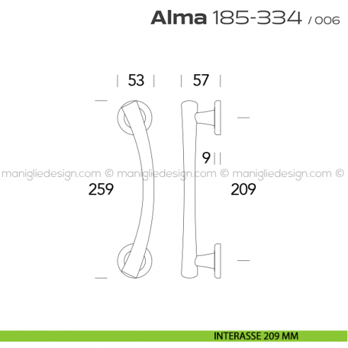 Maniglione per porta 185-334 Alma Reguitti singolo rosette tonde disegno interasse 209 mm