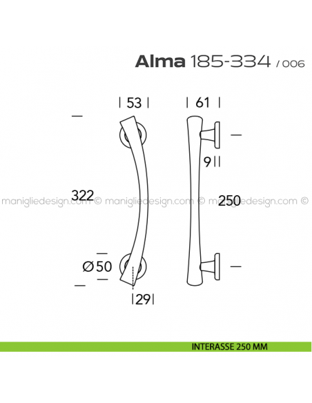 Maniglione per porta 185-334 Alma Reguitti singolo rosette tonde disegno interasse 250 mm