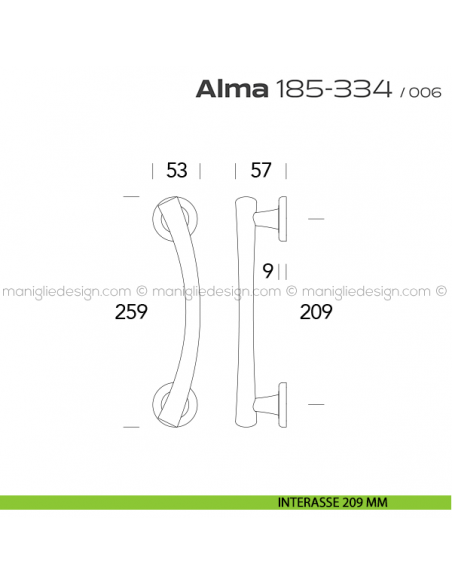 Maniglione per porta 185-334 Alma Reguitti accoppiato rosette tonde disegno interasse 209 mm