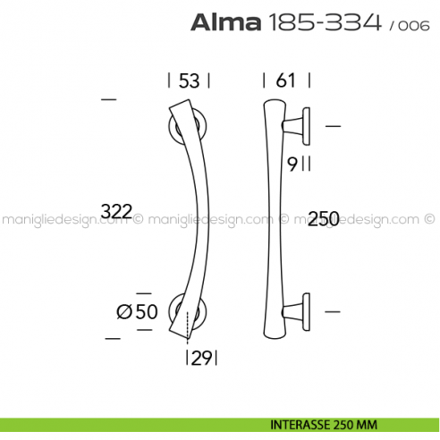 Maniglione per porta 185-334 Alma Reguitti accoppiato rosette tonde disegno interasse 250 mm