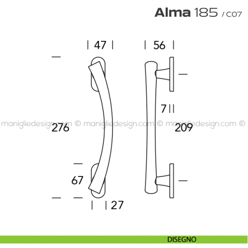 Maniglione per porta 185 Alma Reguitti singolo rosette ovali disegno
