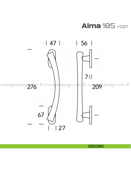 Maniglione per porta 185 Alma Reguitti singolo rosette ovali disegno