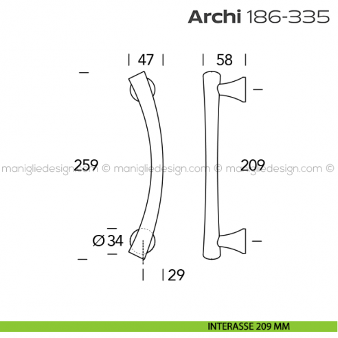 Maniglione per porta 186-335 Archi Reguitti singolo senza rosette disegno interasse 209 mm