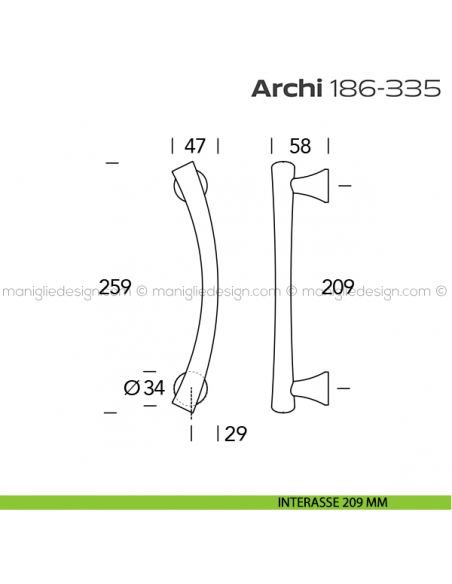 Maniglione per porta 186-335 Archi Reguitti singolo senza rosette disegno interasse 209 mm