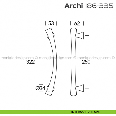 Maniglione per porta 186-335 Archi Reguitti accoppiato senza rosette disegno interasse 250 mm