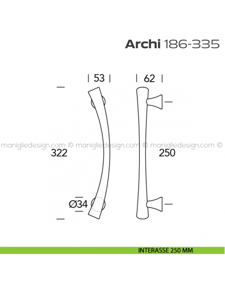 Maniglione per porta 186-335 Archi Reguitti accoppiato senza rosette disegno interasse 250 mm