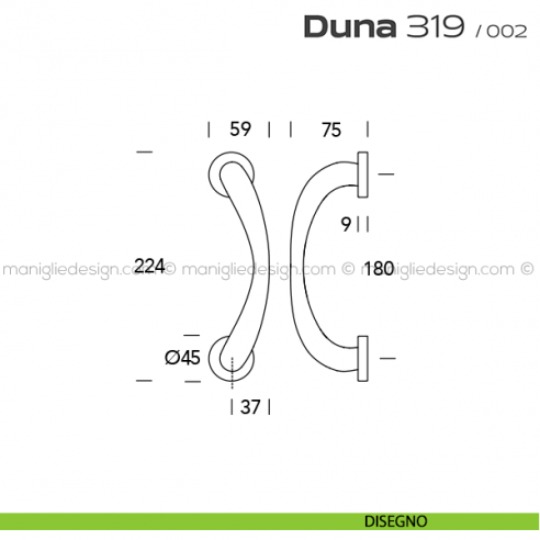 Maniglione per porta 319 Duna Reguitti accoppiato rosette a pressione disegno
