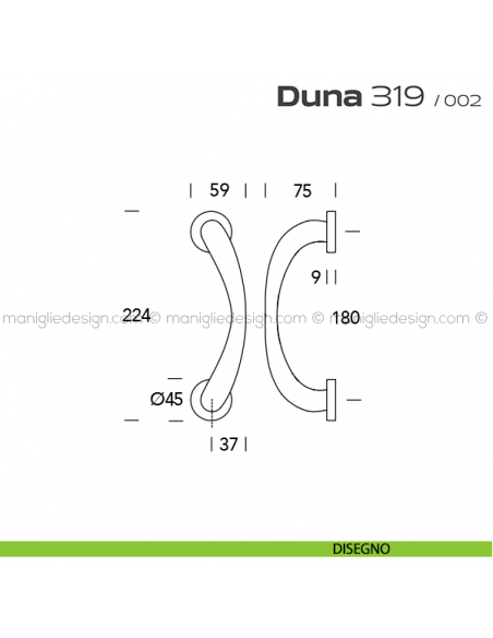 Maniglione per porta 319 Duna Reguitti accoppiato rosette a pressione disegno