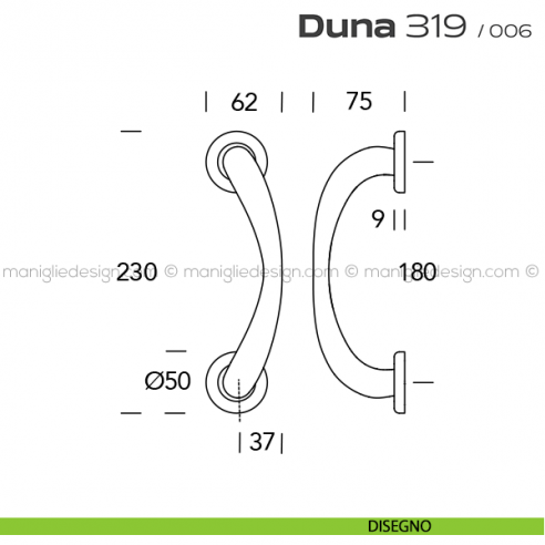 Maniglione per porta 319 Duna Reguitti accoppiato rosette ad avvitare disegno