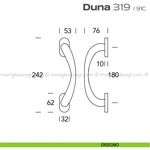 Maniglione per porta 319 Duna Reguitti singolo rosette ovali disegno