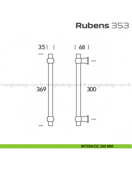 Maniglione per porta 353 Rubens Reguitti singolo senza rosette interasse 300 mm