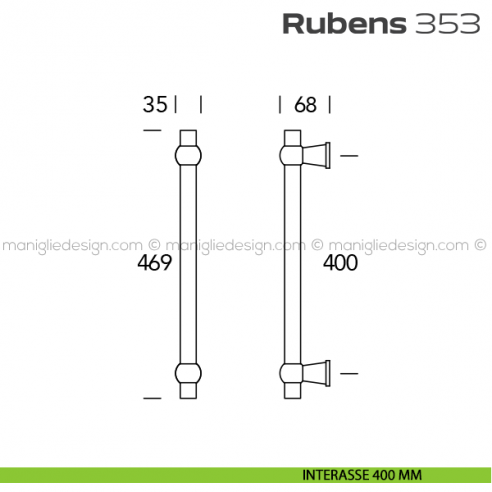Maniglione per porta 353 Rubens Reguitti singolo senza rosette interasse 400 mm