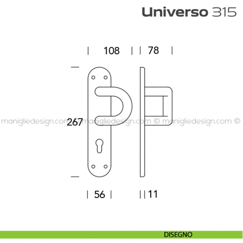 Maniglione per porta 315 Universo Reguitti con placca yale disegno