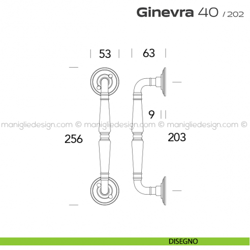 Maniglione per porta 040 Ginevra Reguitti accoppiato con viti a vista disegno