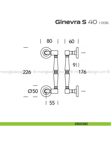 Maniglione per porta 040 Ginevra S Reguitti zancato accoppiato disegno