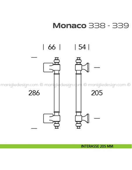 Maniglione per porta 338-339 Monaco Reguitti zancato singolo disegno interasse 205 mm