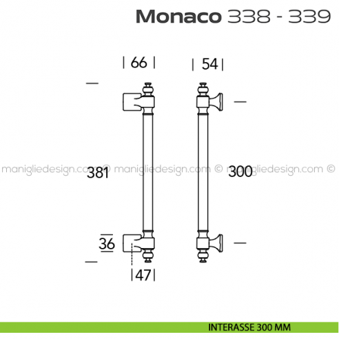 Maniglione per porta 338-339 Monaco Reguitti zancato singolo disegno interasse 300 mm