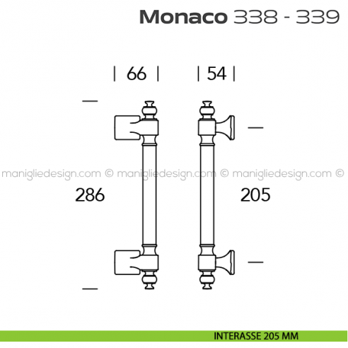 Maniglione per porta 338-339 Monaco Reguitti zancato accoppiato disegno interasse 205 mm