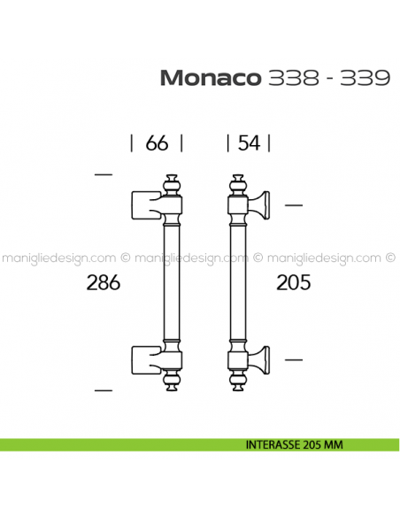 Maniglione per porta 338-339 Monaco Reguitti zancato accoppiato disegno interasse 205 mm