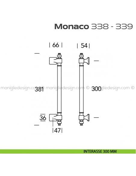Maniglione per porta 338-339 Monaco Reguitti zancato accoppiato disegno interasse 300 mm