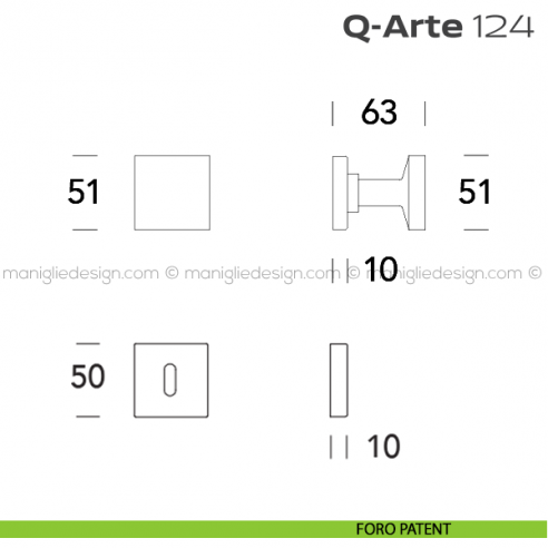 Pomolo per porta girevole 124 Q-Arte Reguitti con rosetta quadrata foro patent