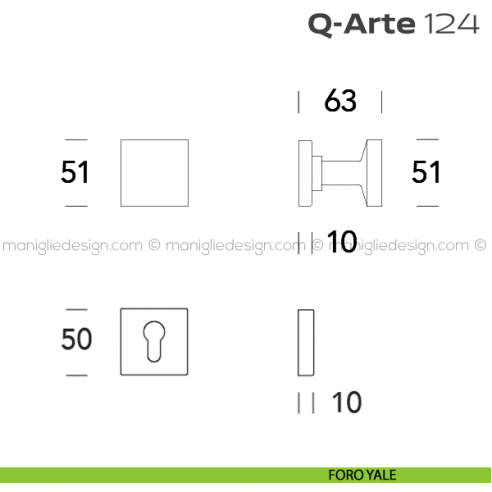 Pomolo per porta girevole 124 Q-Arte Reguitti con rosetta quadrata foro yale