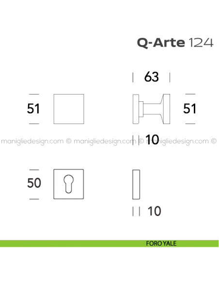 Pomolo per porta girevole 124 Q-Arte Reguitti con rosetta quadrata foro yale