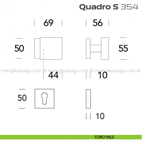 Pomolo per porta girevole 354 Quadro S Reguitti con rosetta quadrata foro yale