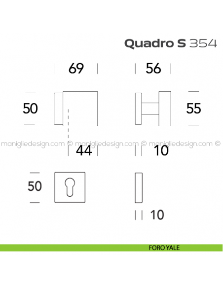Pomolo per porta girevole 354 Quadro S Reguitti con rosetta quadrata foro yale