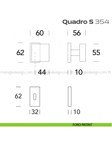 Pomolo per porta girevole 354 Quadro S Reguitti con rosetta rettangolare foro patent