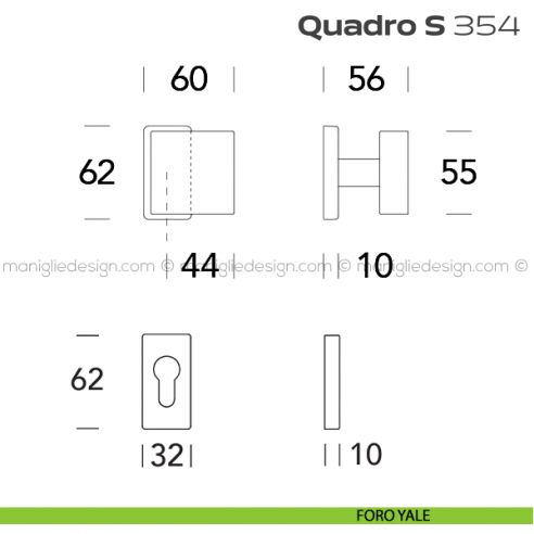 Pomolo per porta girevole 354 Quadro S Reguitti con rosetta rettangolare foro yale