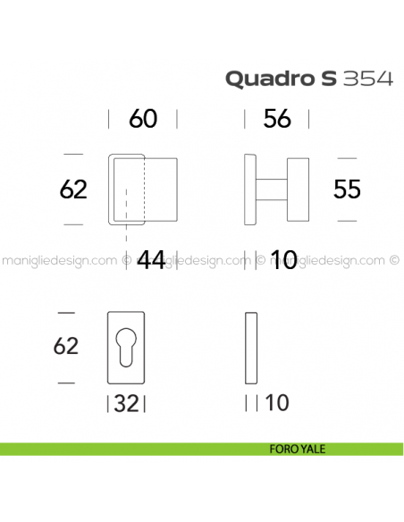 Pomolo per porta girevole 354 Quadro S Reguitti con rosetta rettangolare foro yale