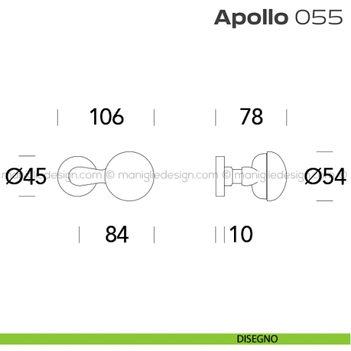 Pomolo per porta fisso 055 Apollo Reguitti con rosetta tonda a pressione disegno