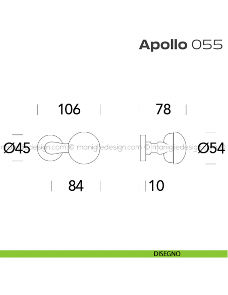 Pomolo per porta fisso 055 Apollo Reguitti con rosetta tonda a pressione disegno