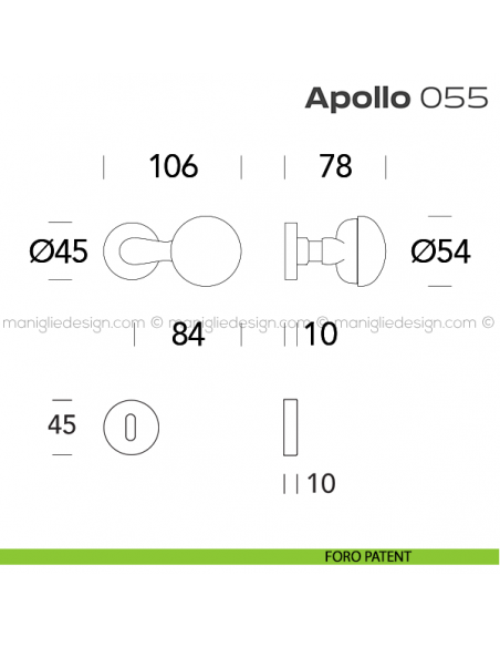 Pomolo per porta girevole 055 Apollo Reguitti con rosetta tonda a pressione foro patent