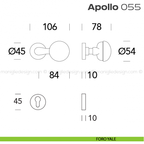 Pomolo per porta girevole 055 Apollo Reguitti con rosetta tonda a pressione foro yale