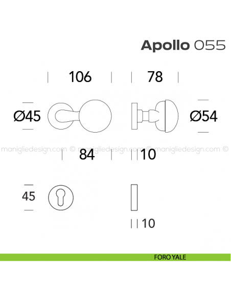 Pomolo per porta girevole 055 Apollo Reguitti con rosetta tonda a pressione foro yale