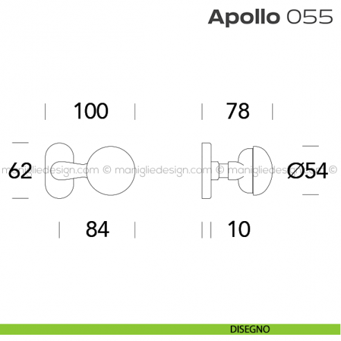 Pomolo per porta fisso 055 Apollo Reguitti con rosetta ovale a pressione disegno