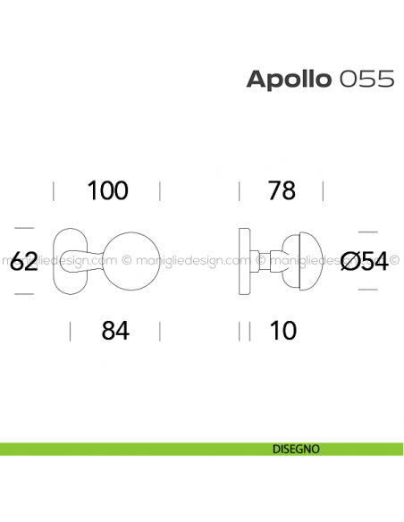 Pomolo per porta fisso 055 Apollo Reguitti con rosetta ovale a pressione disegno
